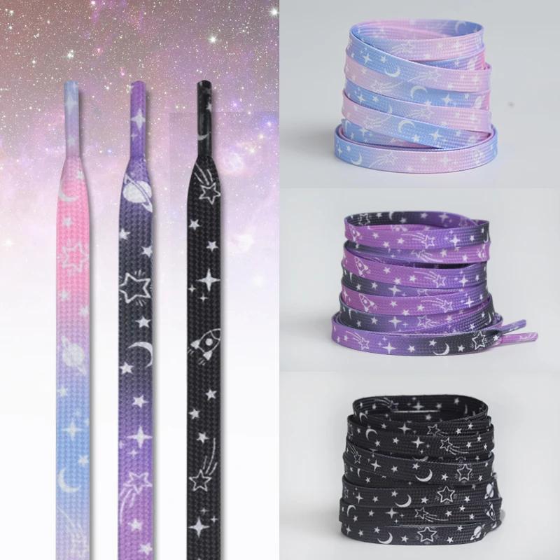 Plochá láska srdca topánky Laces Star Moon Sky Dym Dym Purple Shoelace Roztomilý vzor Príležitostné plátno Tlač šnúrky pre tenisky AF1