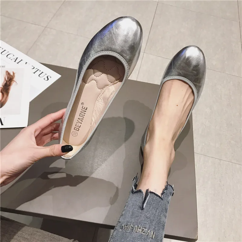 Ploché topánky pre ženy Lady Strieborné byty pevné farby Všetky zápasy Office Lady Basic Style Shoes Plochá päta PU kožená svetlo ružová 35-41