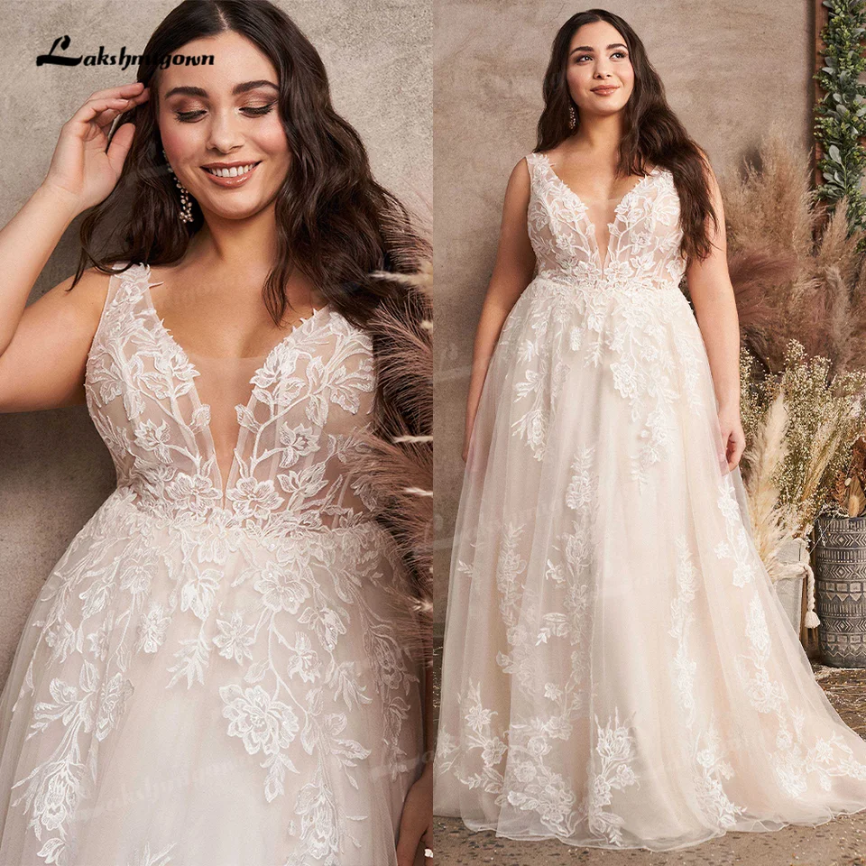 Plunging V-krk plus plus veľkosti A-line svadobné šaty čipky čipky boho prispôsobené svadobné šaty Romatic Plus žien Robe manželstvo femme