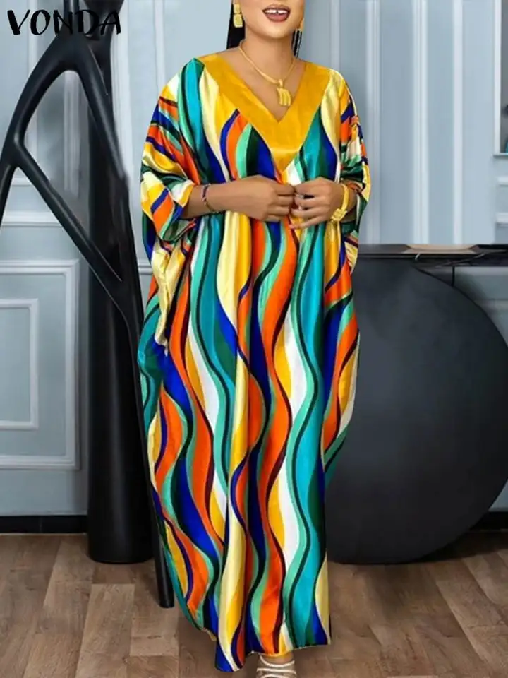 Plus letné šaty letné šaty Vonda 2024 Ženy České tlačené satén maxi Long Sundress V-Neck Bat Bat Ruckve Casy Loose Party Vestidos