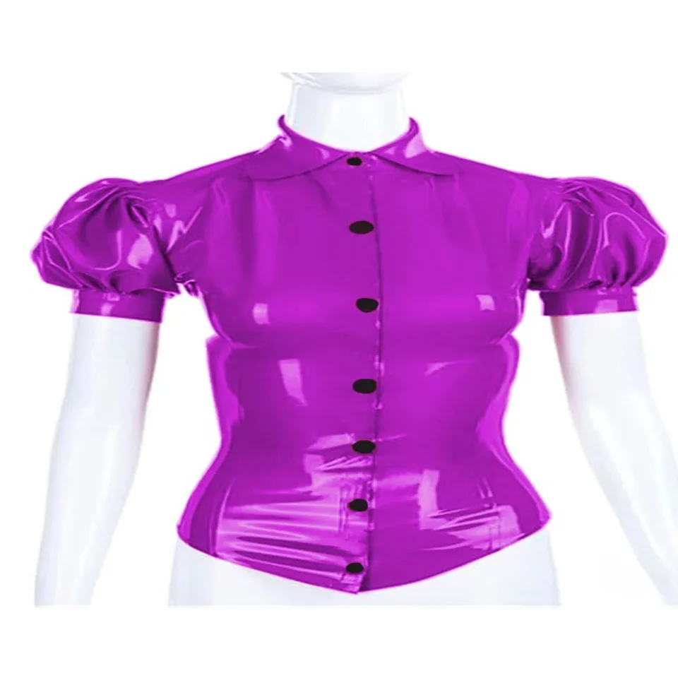 Plus veľkosti dámske košele otočenie goliera s krátkym rukávom Bodycon košele Top patent kožené gombíky vintage ležérne košele denné opotrebenie
