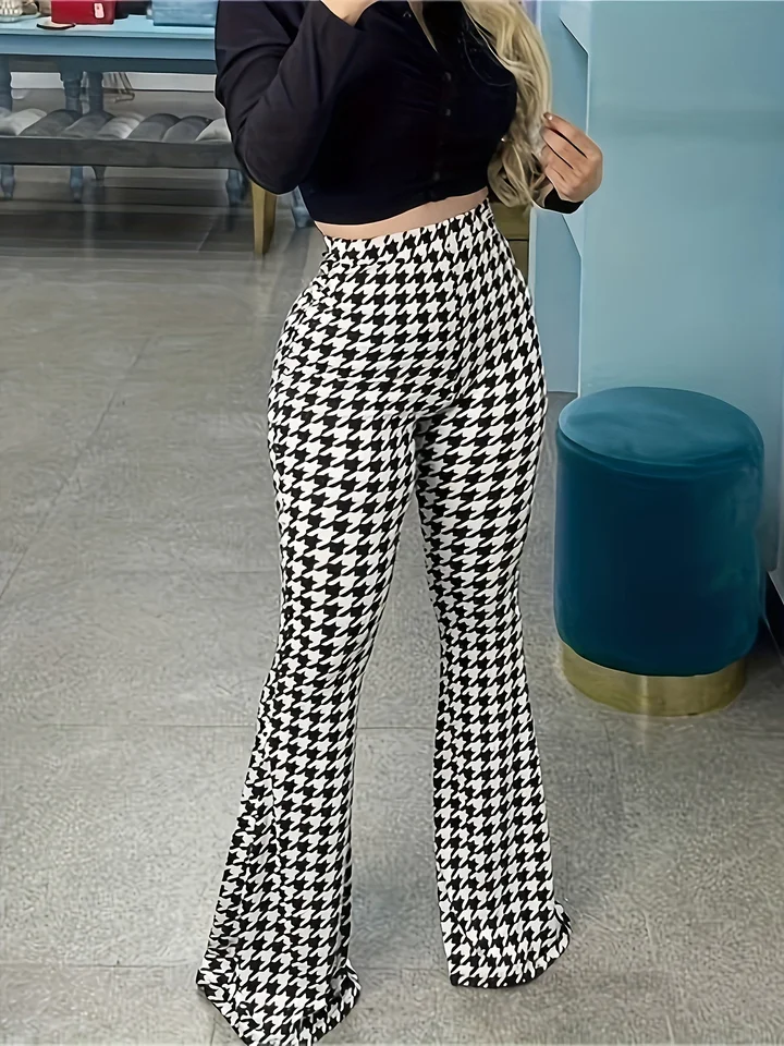 Plus veľkosti Houndstooth Print Flare nohavice - štýlové pohodlné príležitostné oblečenie s vysokým pásom pre jar a leto - navrhnuté