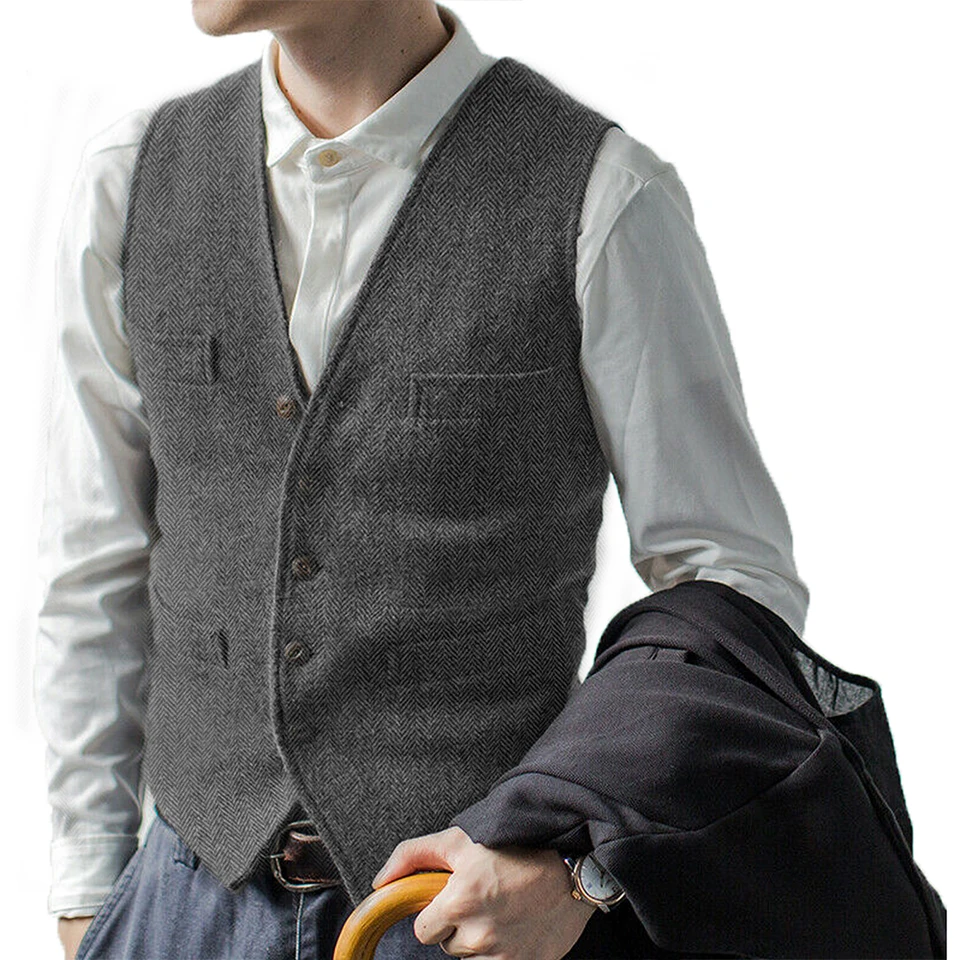 Plus veľkosti pánsky oblek hnedá rybia kosť vlna Tweed Business vesta Steampunk vesta klop pre klop