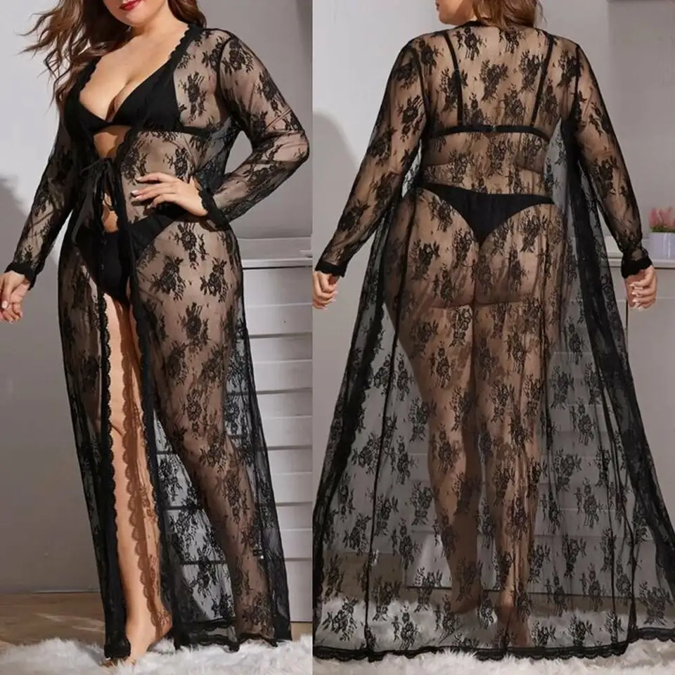 Plus veľkosti Ženy spodné prádlo dlhé čipkové šaty číry výhľad na nočnú košeľu kimono pyžamy pyžamy dlhé šaty
