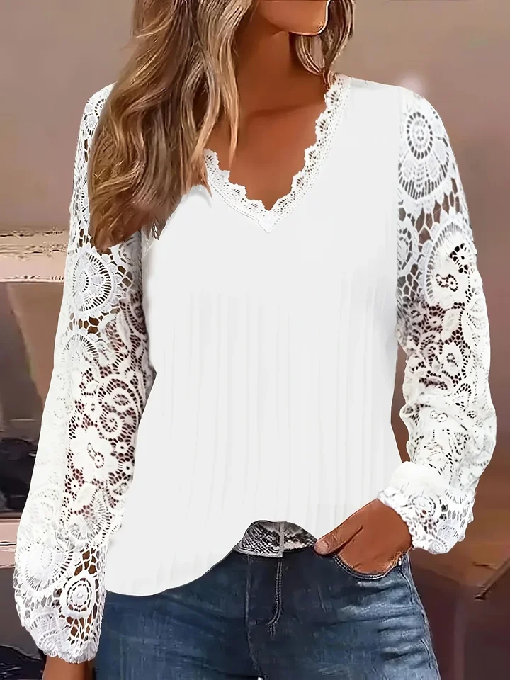 Plus veľkosť 1xl-5xl dámska módna dámy Príležitostné lucerna voľná blúzka kontrast s dlhým rukávom Guipure Lace Tirla