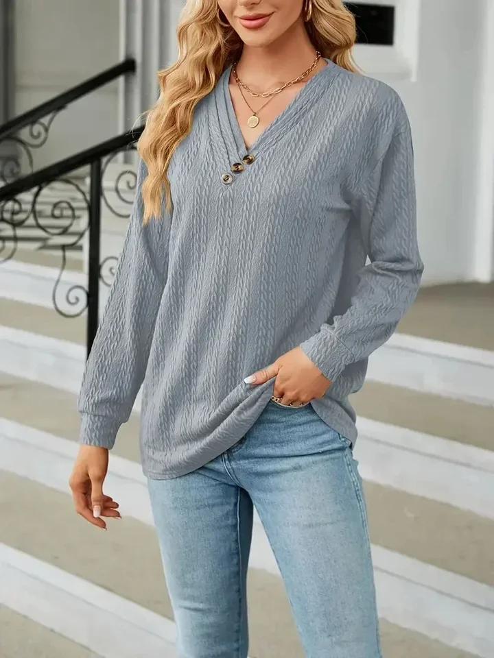 Plus veľkosť 1xl-5xl dámske príležitostné tričko Spevná farba Jacquard s dlhým rukávom v krku na gombíky v krku na neformálne módne tričko