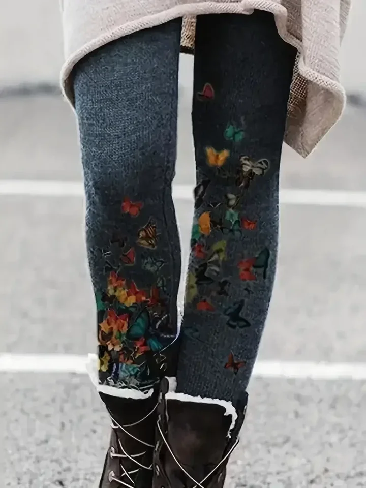 Plus veľkosť 1xl-5xl Ženy Príležitostné legíny Dámske motýľ tlače Elastic High Rise Mierne natiahnuté legíny