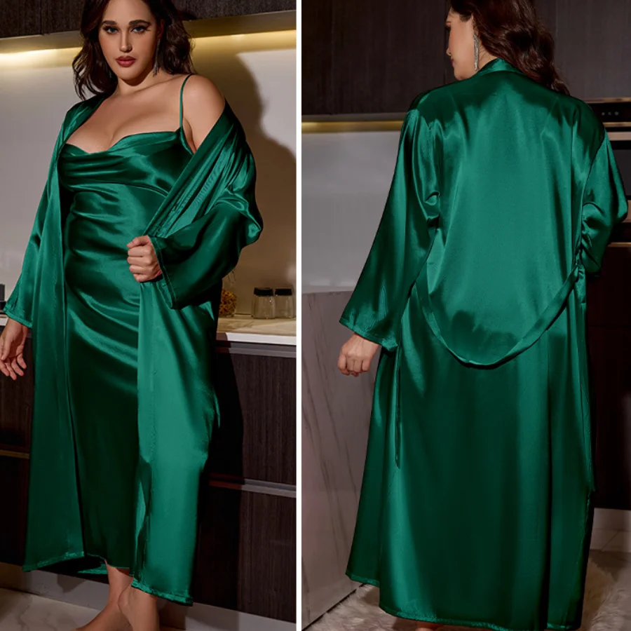 Plus veľkosť 3xl 4xl 5xl nočná a rúcho sada sexy nevesta dlhá svadobná župan šaty jar leto leto nové spánkové oblečenie voľné saténové saténové oblečenie