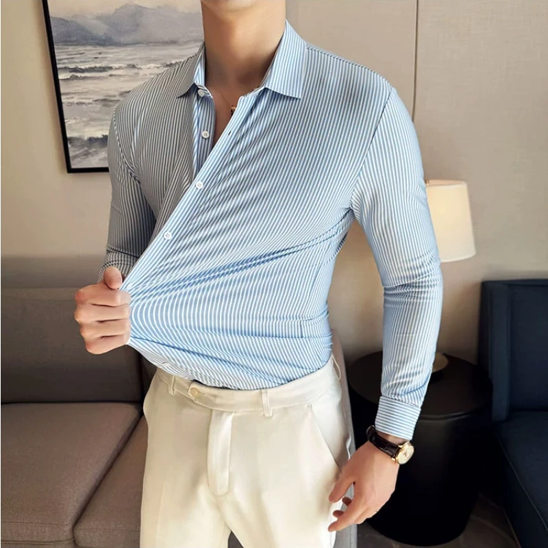 Plus veľkosť 4xl-m s vysokou elasticitou bezšvové košele Men Elegantné stojaté pruhy Slim Fit Fit Formálne spoločenské šaty s dlhým rukávom