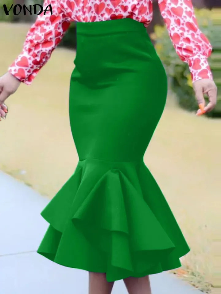 Plus veľkosť 5xl vonda 2024 Jeseň Bohemian Fishtail sukňa Ženy vyvrcholené midi sukne s vysokým pásom ležérne pevné farby voľné spodky
