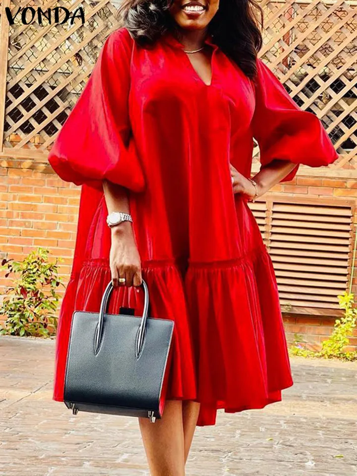 Plus veľkosť 5xl Vonda 2024 Letné šaty České ženy Krátka rukáv Lantern Satin Satin Mini Vestido v krku pevná elegantná elegantná strana Sundress Sundress
