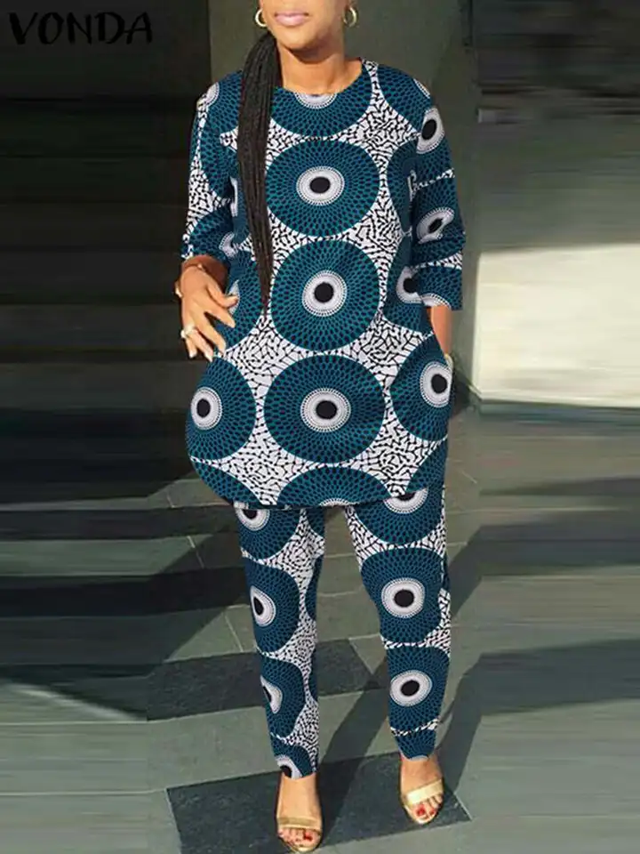 Plus veľkosť 5xl vonda vintage tlačené dlhé nohavice Ženy 3/4 rukávové módne vrchné a široké nohavice Čestné 2KS Príležitostné súpravy