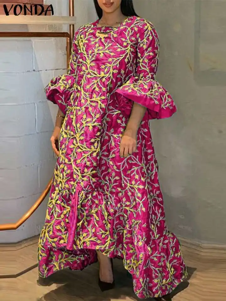 Plus veľkosť 5xl vondy dlhé šaty 2023 Dámske vinobranie kvetinové tlačené maxi Sundress Sexy V-krk na pleskový rukáv Loose Ruffled Robe