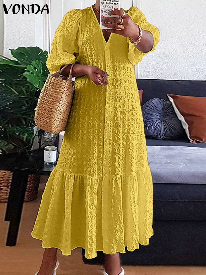 Plus veľkosť 5xl vondy dámske šaty 2023 letné sexy v krku gombíky Half Ruckve dlhý maxi Vestidos český elegantný večierok rúcho