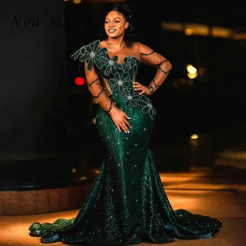 Plus veľkosť africkej zelenej morskej panny večerné šaty prispôsobené korálkové žien flitry ples šaty aso ebi svadobné hosťujúce večierky Wear