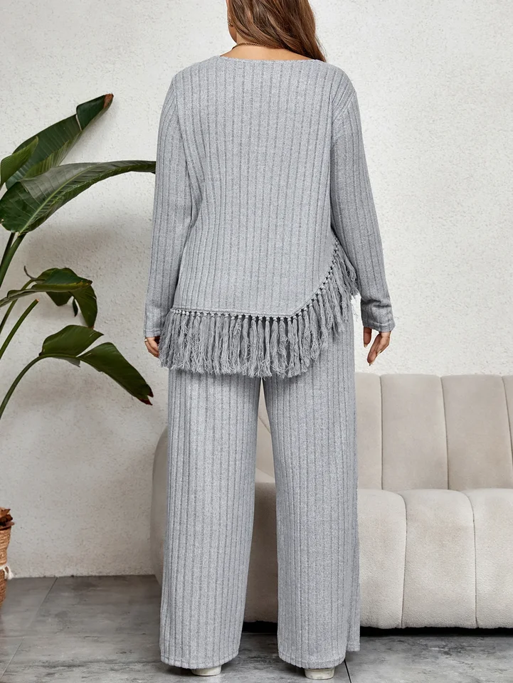 Plus veľkosť dámskeho domáceho štýlu dvojdielny outfit Fall Casual O-Neck s dlhým rukávom Tassel lem vrcholy so širokými nohavicami s nohavicami