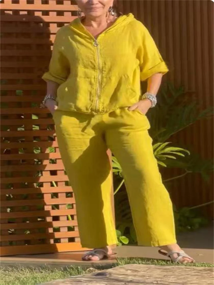 Plus veľkosť dámskeho obleku tuhej farby bavlnené konope Fashion Zipper Hoodie Top Pants Plus veľkosti Dámske oblečenie