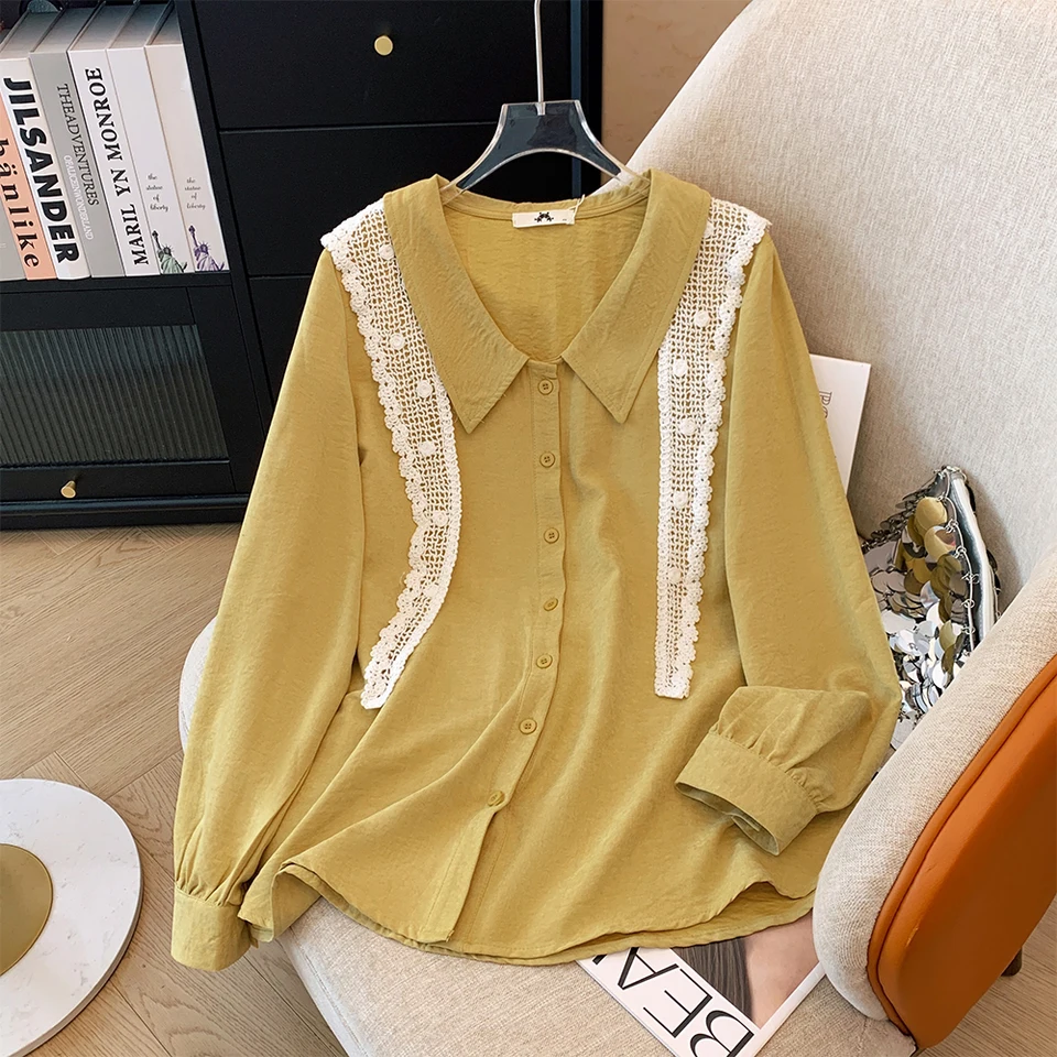 Plus-veľkosť dámskeho pádu Príležitostné voľno dochádzanie Pohodlná košeľa vintage vintage žltý gombíky čipky Lace tí klopa s dlhým rukávom Top s dlhým rukávom