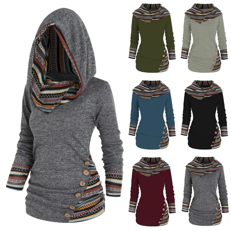 Plus veľkosť geometrického pruhového panela s kapucňou Top s dlhým rukávom Button Top Pullover ToP pre ženy nové módne jednoduché všestranné oblečenie