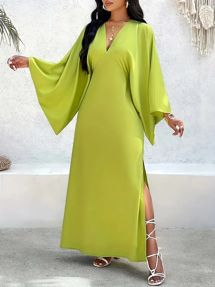 Plus veľkosť jesenná a zimná elegantná módna nadrozmerná voľné rukávy pevné farebné šaty V-krk šaty Bat Sleev St Slit Design Design