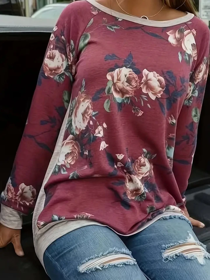 Plus veľkosť neformálne tričko Dámske plus plus ružové potlač s dlhým rukávom okrúhly krk Mierne roztiahnuté tričko