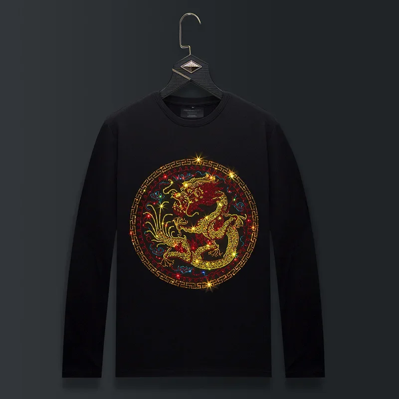 Plus veľkosť o krk s dlhým rukávom tričká Men módne streetwear čínsky drak kamienky