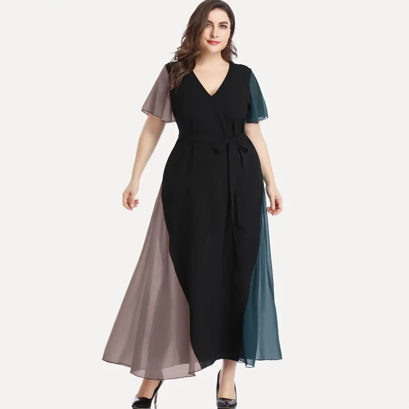 Plus veľkosť V-krku letné elegantné šifónové šaty Ženy Krátke rukáve maxi príležitostné šaty shash fit fit erpreové šaty 6xl