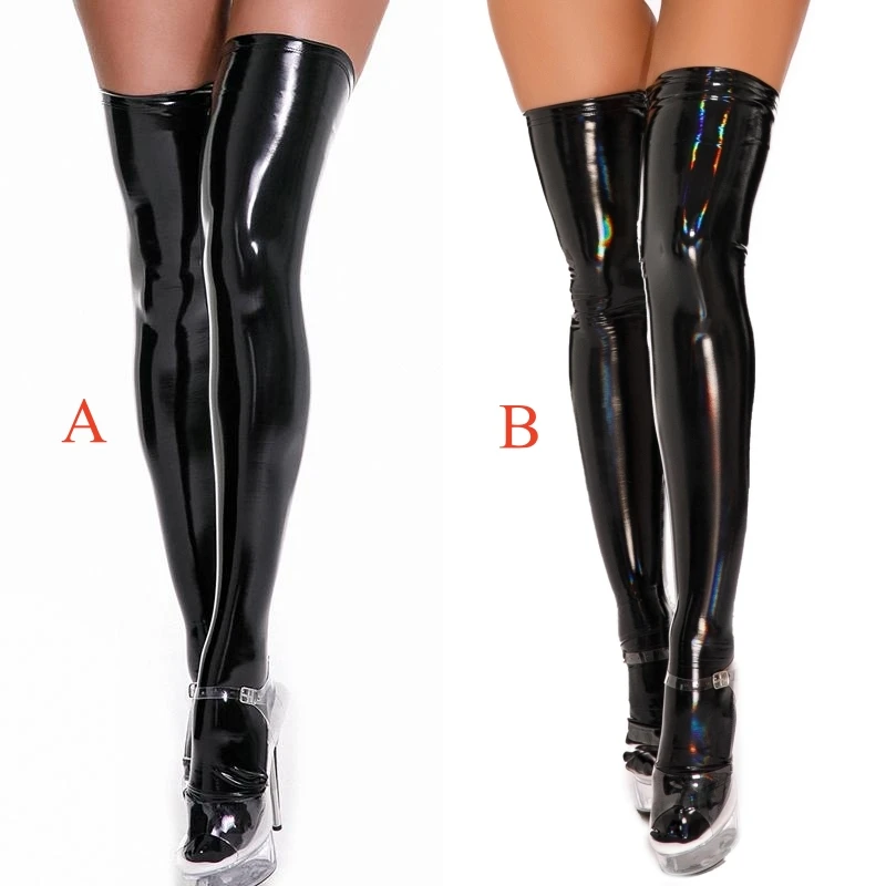 Plus veľkosť zrkadla lesklé stehno vysoké pančuchy gotické punk PVC Wetlook Hosiery Women Sexy spodná bielizeň faux kožená pól tanečný clubwear