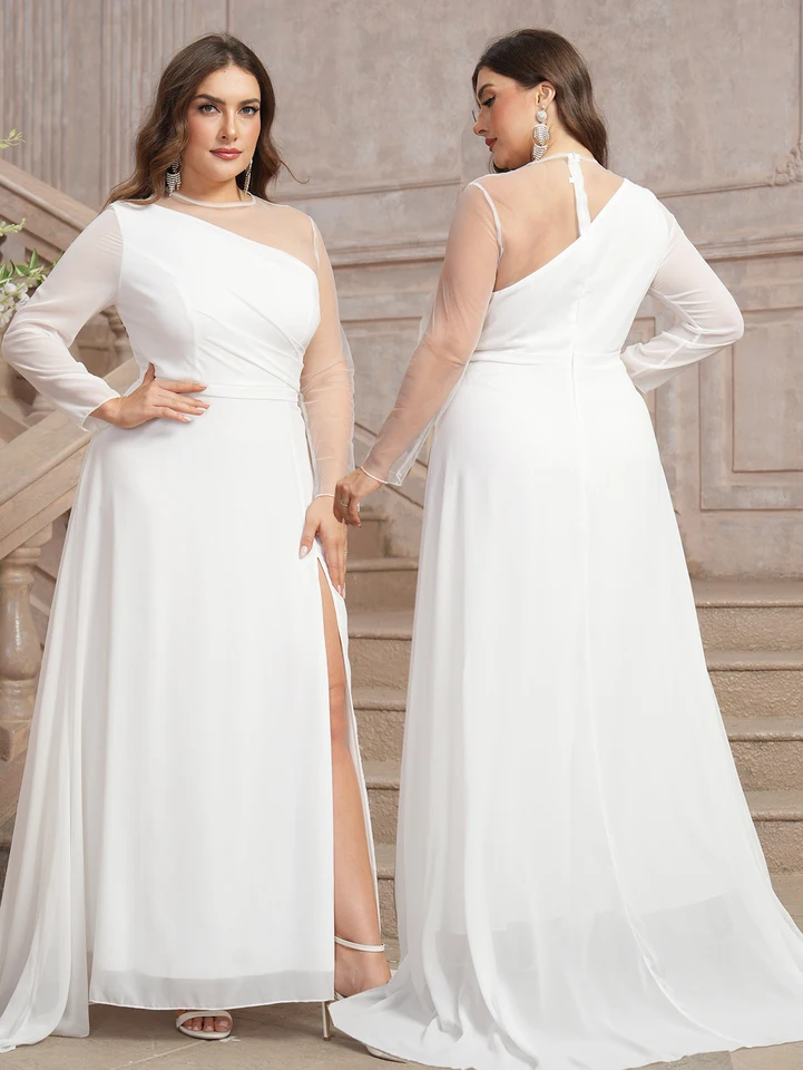 Plus veľkosť šifónov s dlhým rukávom plus veľkosti svadobné šaty Stránka Split A-line korálkové svadobné šaty elegantné elegantné O-krévo večerné šaty