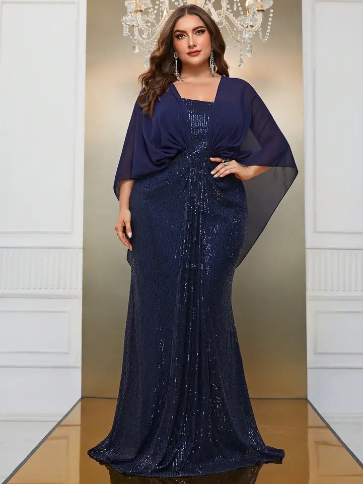 Plus veľkosť šifónového šál Elegantné šumivé večerné šaty 5xl 6xl veľkej veľkosti Extra dlhá banketová večierok Cape Flitry pre ženy