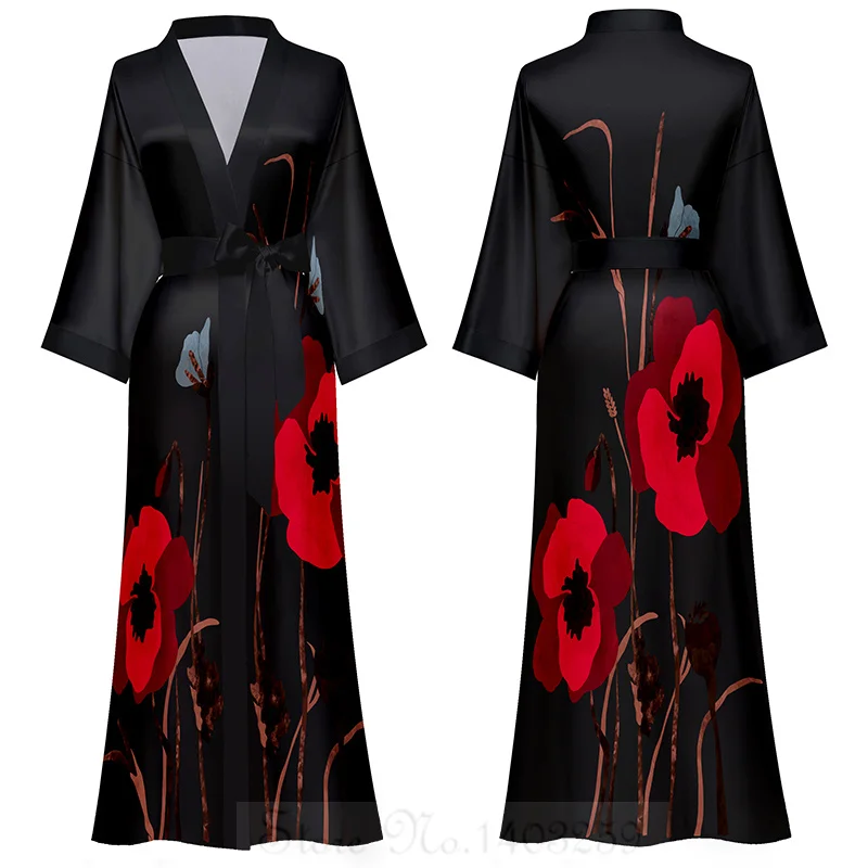 Plus veľkosť ženského dlhého rúcha Sleppwear Tlač kvetu Kimono Bathrobe šaty