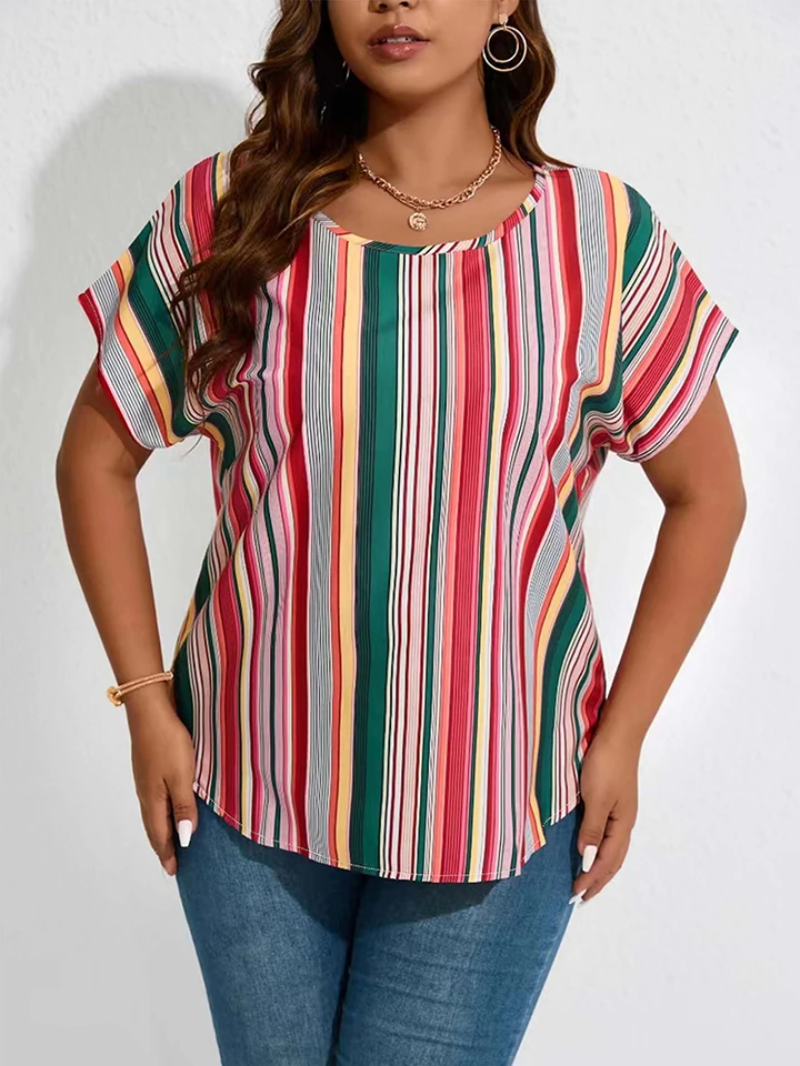 Plus veľkosť žien pruhovaný tlač batwing rukáv O-Neck Tričko