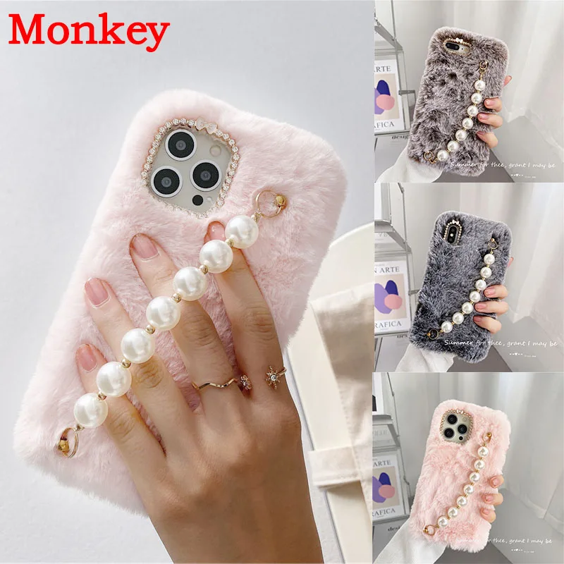 Plush Fur Wrist popruh perlového puzdra na ochranu náramkov pre puzdro pre Samsung S23 A03 A13 A23 A33 A53 A73 M21 M31 M51 A5 A7 A8 A8 J4 J6
