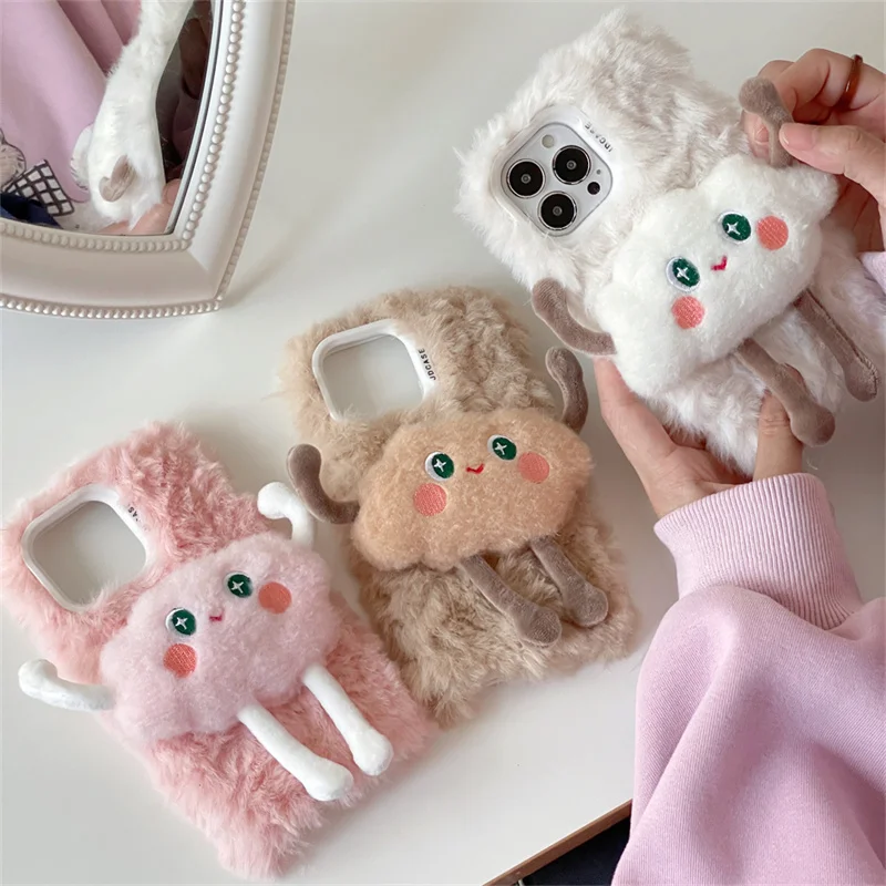 Plush telefón s roztomilým cloudom pre ženy Soft Furry Kawaii Cartoon Case pre iPhone 15 Pro 11 12 13 14 Pro Max 14 Pro Fashion