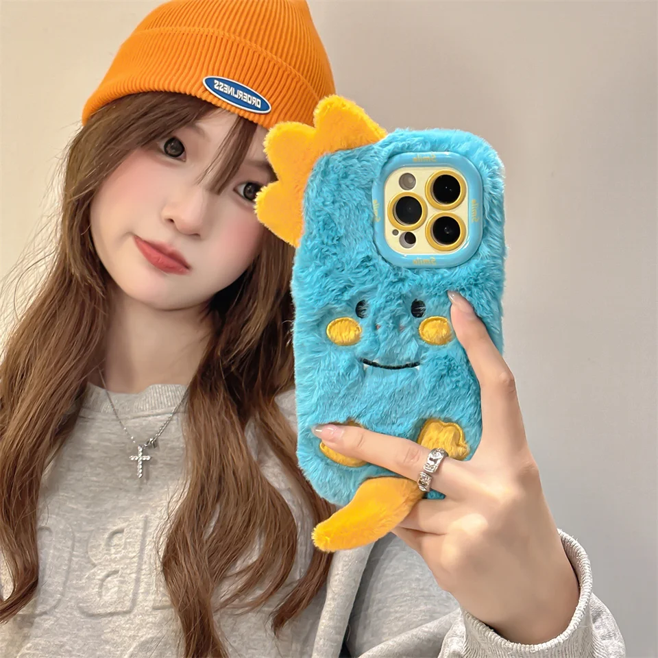 Plush vyšívaný 3D karikatúra Dinosaur Telefón puzdro pre iPhone 11 12 13 14 15 16 Pro Max Plus Plus Ochrana držiteľa šošoviek