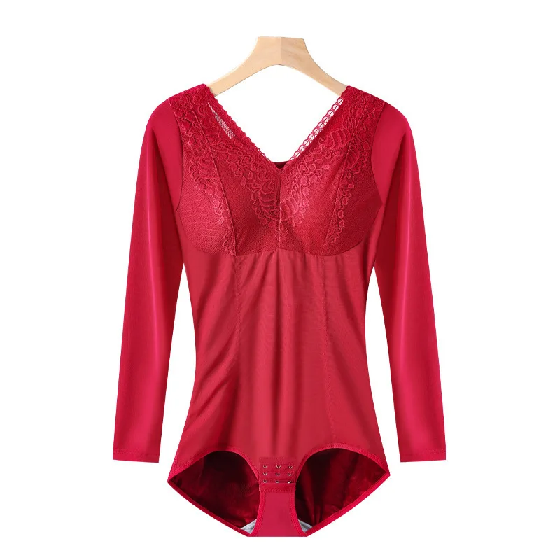 Plyšová podprsenka Teplé tepelné chudnutie spodná bielizeň súprava brušných zadku zdvíhajúcich červený korzet s dlhým rukávom Shapewear Women Ovládanie bruškov