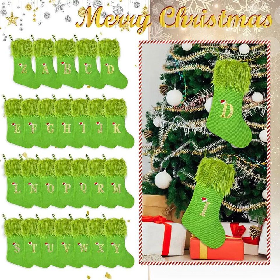Plyšový okraj vianočné pančuchy az listy santa klobúk vianočné schodisko Ornament Domov prívesok strom zelený párty výšivky oheň E0K6