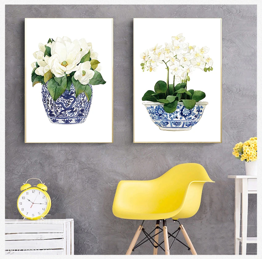 Plátno tlačená orientálna váza modrá biela vŕba porcelánovej kvetinovej nádoby biela orchidea a magnólia akvarel chinoiserie dekor