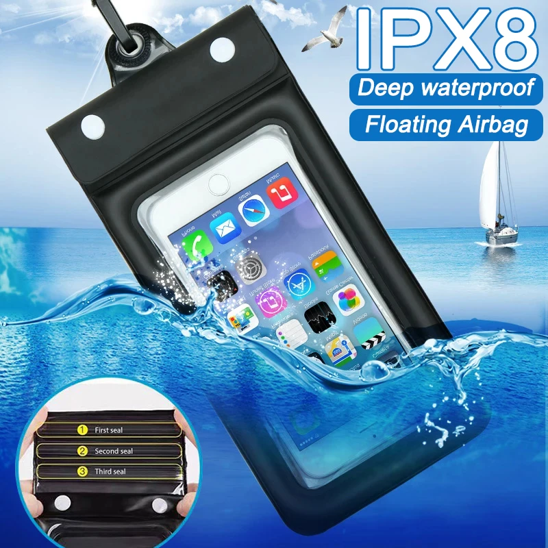 Plávajúce airbag plávajúce vodotesné taška pre iPhone 15 14 13 12 16 Pro Max Xiaomi 14 15 Samsung S25 Ultra Water Proof Phone Touch