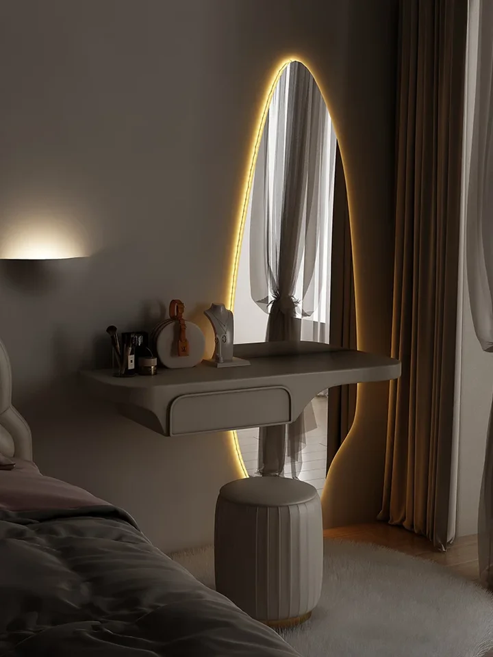 Plávajúce komody, nástenný make-up stôl, ľahký luxus, moderný, minimalistický krémový štýl, celé telo