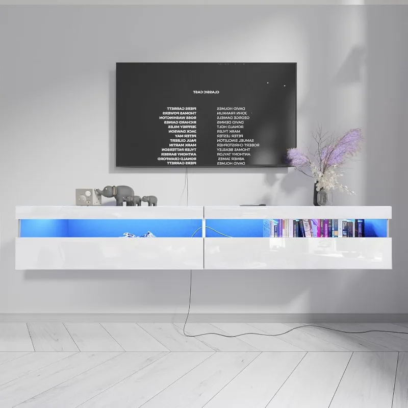 Plávajúce televízne stojany, nástenná televízna polica s LED svetlami a zásuvkou energie, 71 