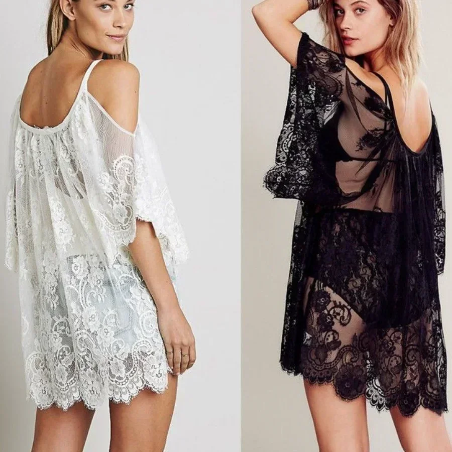 Pláž na pláži v čipke na ramene Cover up pareo playa obklopenie šaty Vestido Livre plavky Noste plavky biele čipky dámske plážové oblečenie