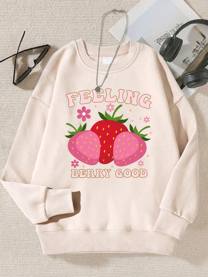 Pocit bobúľ Dobrý karikatúra Strawberry tlačené dámske pullovy Jeseň posádka mikina hip hopov vrcholy módne športové oblečenie