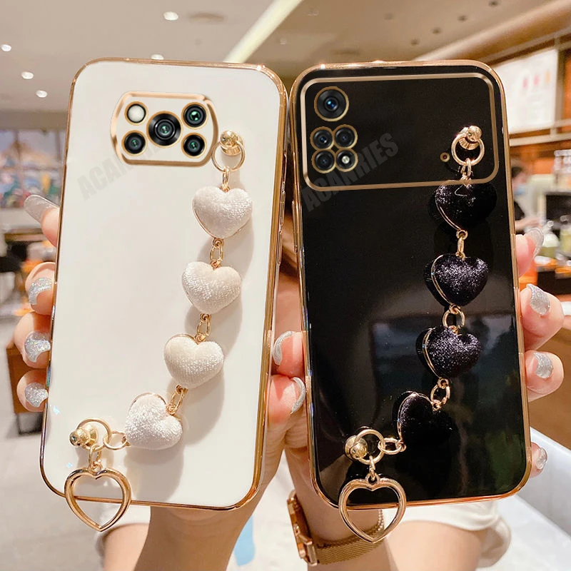 Pocox3 NFC Love Heart Bracelet Case pre Xiaomi Mi Poco X3 M4 X4 PRO 5G X3PRO M4PRO 4G F3 PLATING SLIKONOVÝ KRYT POKO X4PRO