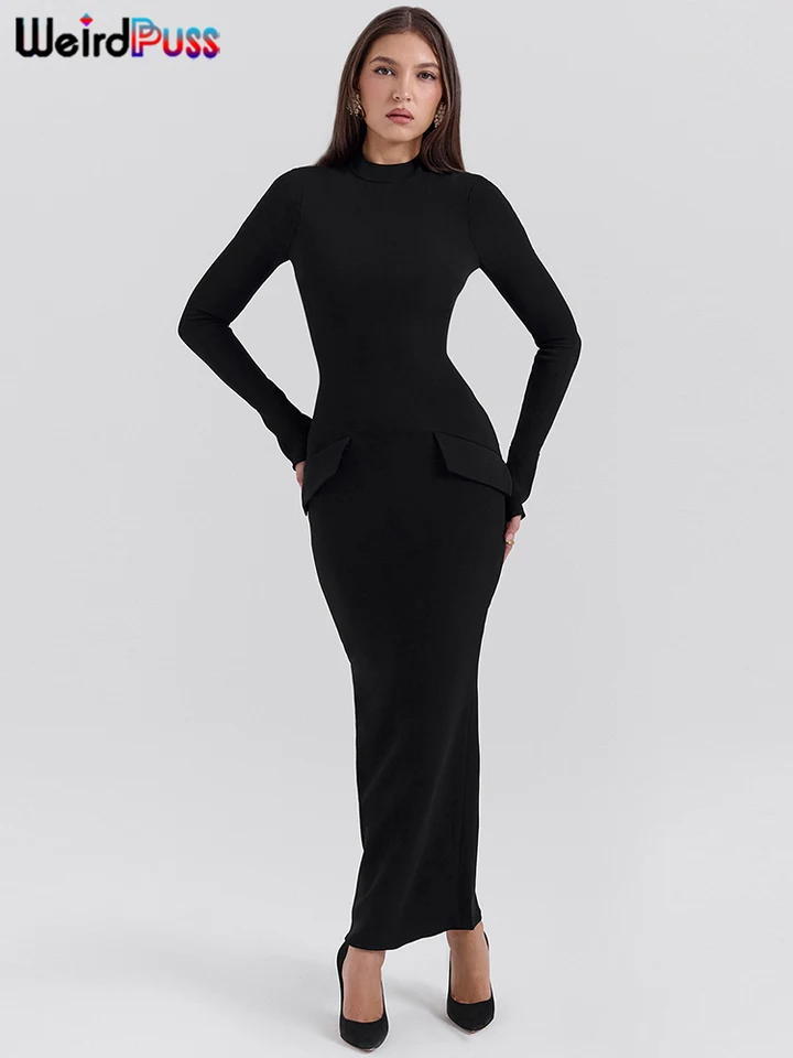 Podivné pushové pevné elegantné šaty Ženy Jeseň O-krk na ne-krk na rukávové štrbiny vreckové štrbiny lem Stretch Trend Trend Banket Party Long Bodycon