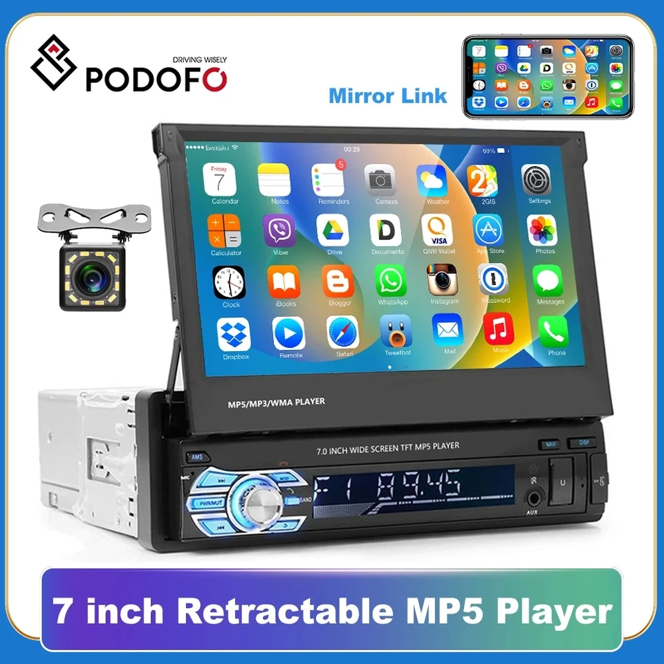 Podofo 1 DIN Car Radio MP5 Player GPS navigácia multimediál in-dash stereo Bluetooth 7 