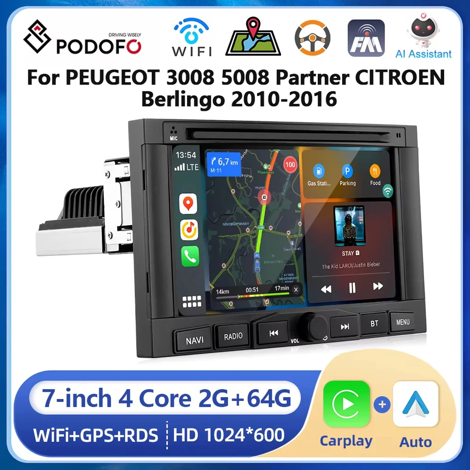 Podofo 7 ”Automobilový multimediálny hráč pre Peugeot 3008 5008 Partner Citroen Berlingo 2010-2016 CarPlay Android Auto WiFi Radio Radio