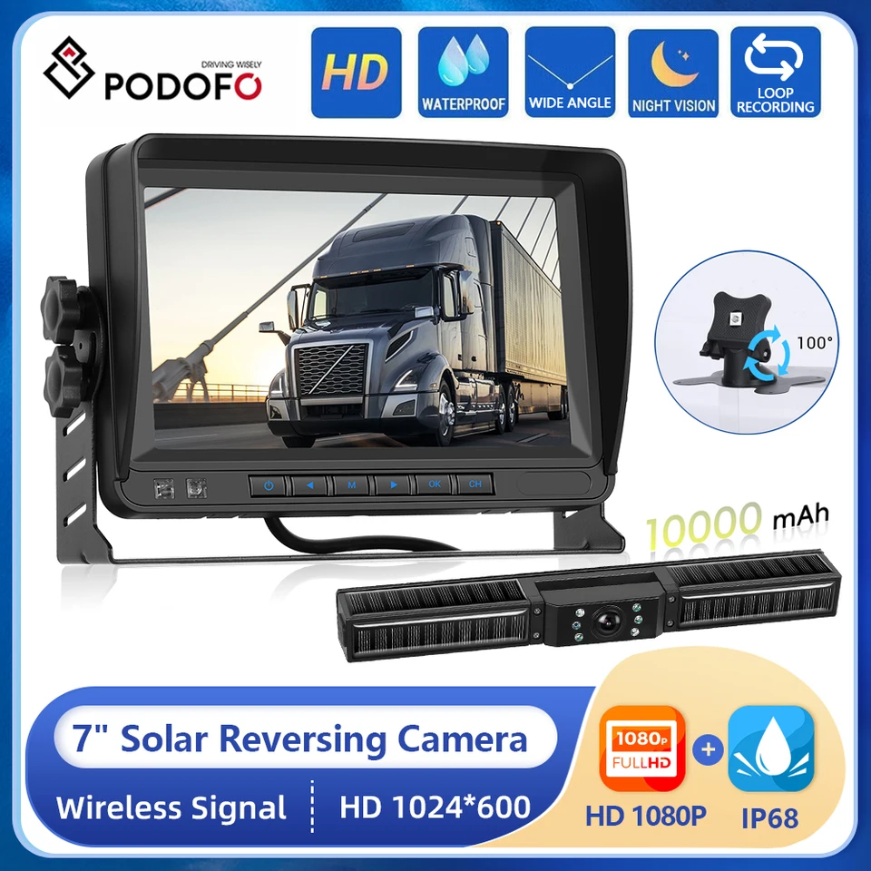 Podofo 7inch IPS HD displej zálohovania monitor bezdrôtového solárneho reverzného fotoaparátu odolný voči poveternostným nabíjaním slnečného nabíjania pre automobil