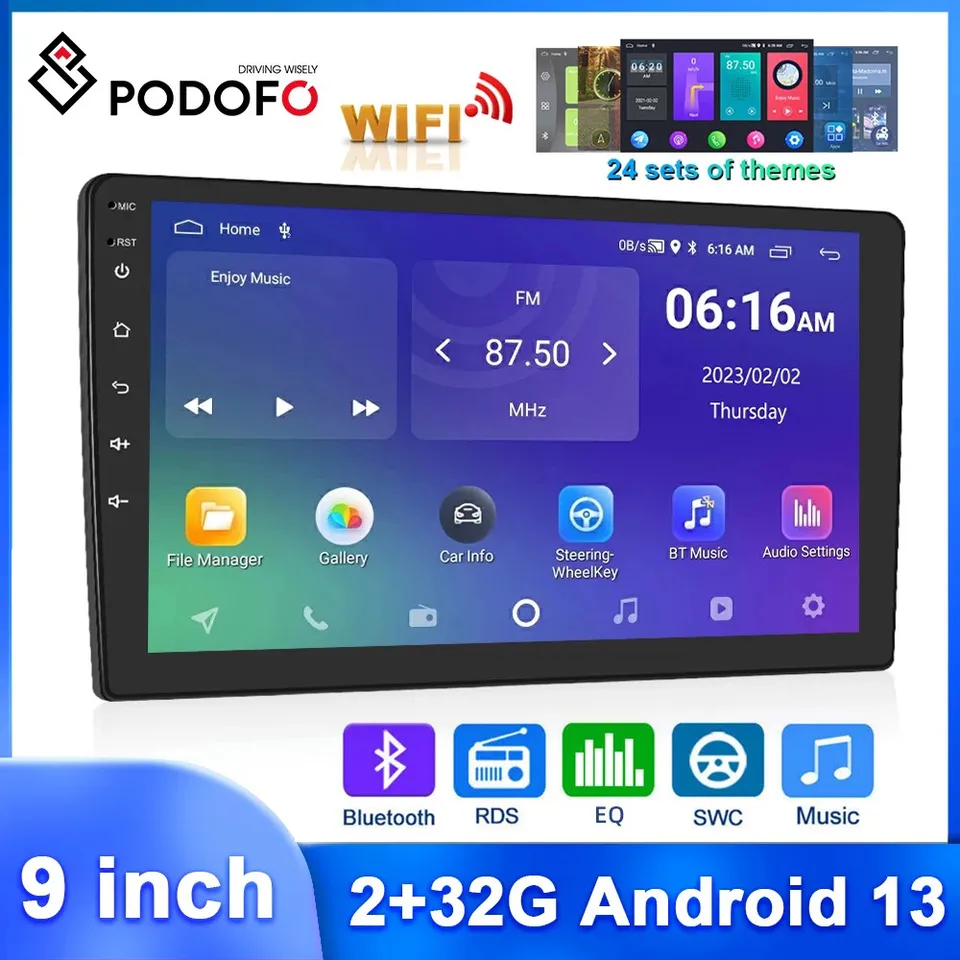 Podofo 9 '' 2+32G Car Radio GPS WiFi Multimedia Player Mirror Link Bluetooth Dual USB FM 1080p 2Din Autoradio pre VW Toyota Ford