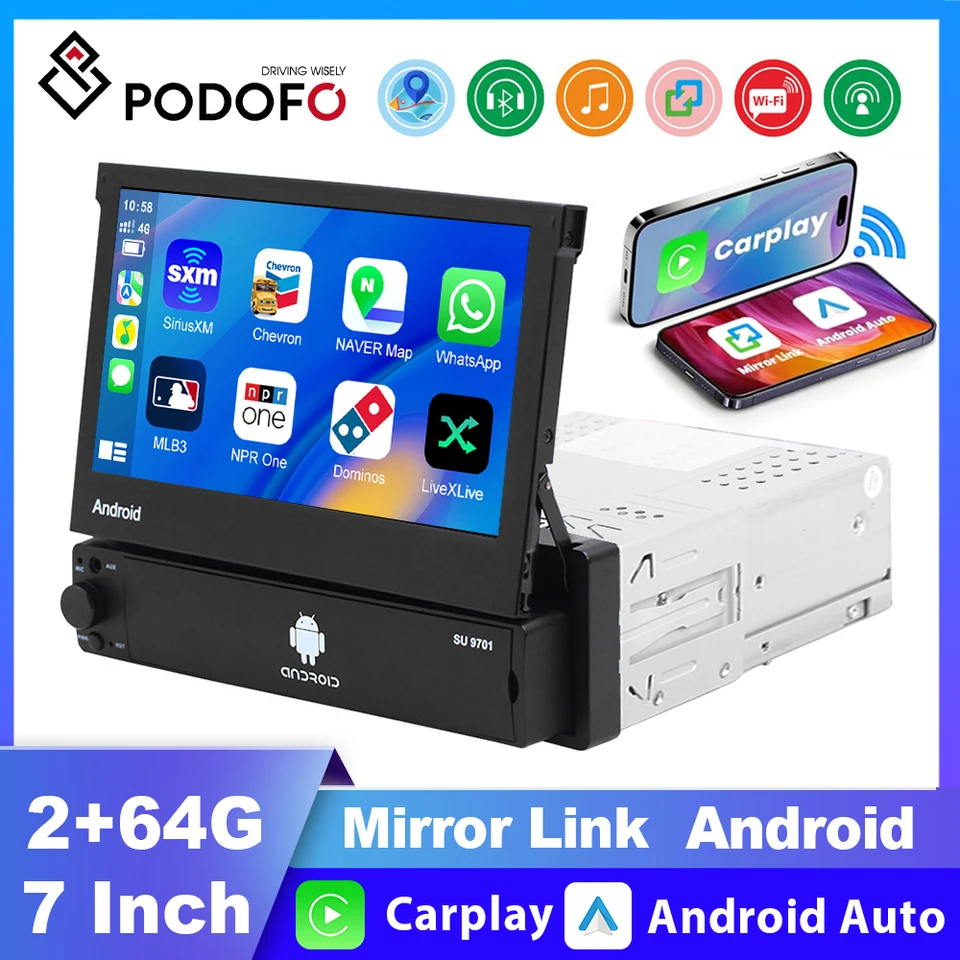 Podofo Android 2+64g Car Autoradio 1 DIN Multimediálny prehrávač CarPlay Android Auto GPS navigácia WiFi MP5 Bluetooth